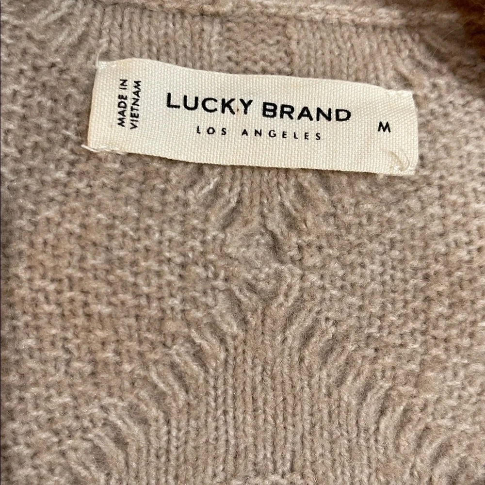 Lucky Brand Cable Knit Cardigan Sweater Distressed Hem SZ M Light Camel Tan